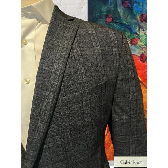 Calvin Klein Mens 48R Blue Gray Plaid Casual Blazer Sport Coat Jacket - Picture 4 of 16